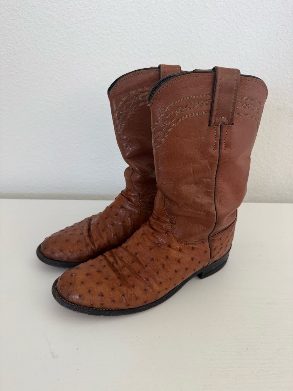 Justin Mens Boys Full Ostrich Quill Leather Round Toe Western Boots Size 6B